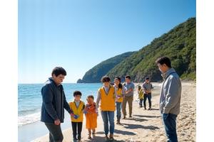 海岸清掃活動に参加するボランティアの人々の写真