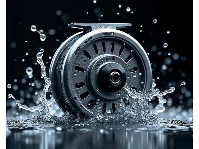 IP68防水テスト中の釣りリール部品、水しぶきを上げながら完全に機能している様子